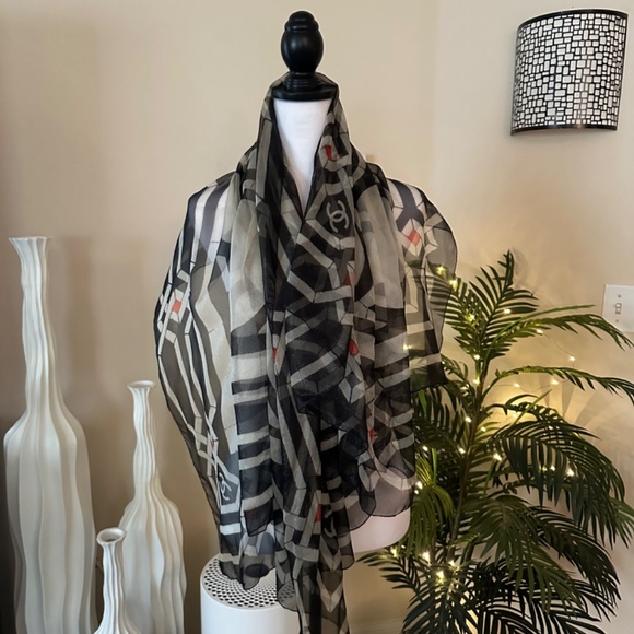 CHANEL Metallic Black & Cream Print Sheer Silk Scarf in Chanel Gift Box - Picture 10 of 16